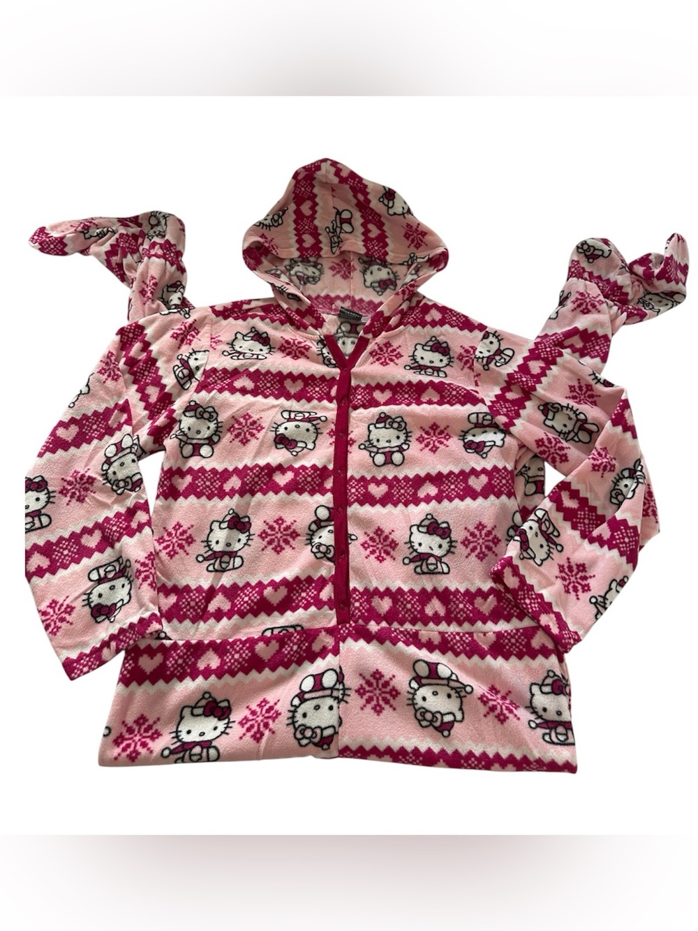 Hello Kitty Holiday Themed Fleece Snap Button One Piece Pajama Women Size Large